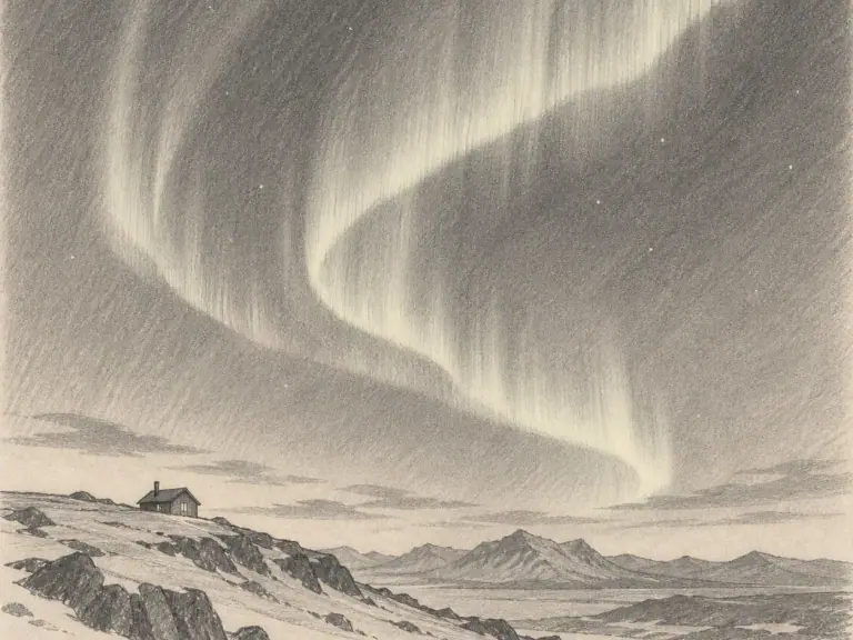 An anime-inspired tundra ridge beneath a ribbon of aurora light