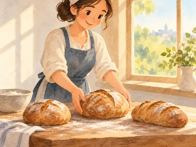 A baker arranging bread beside a bright morning window