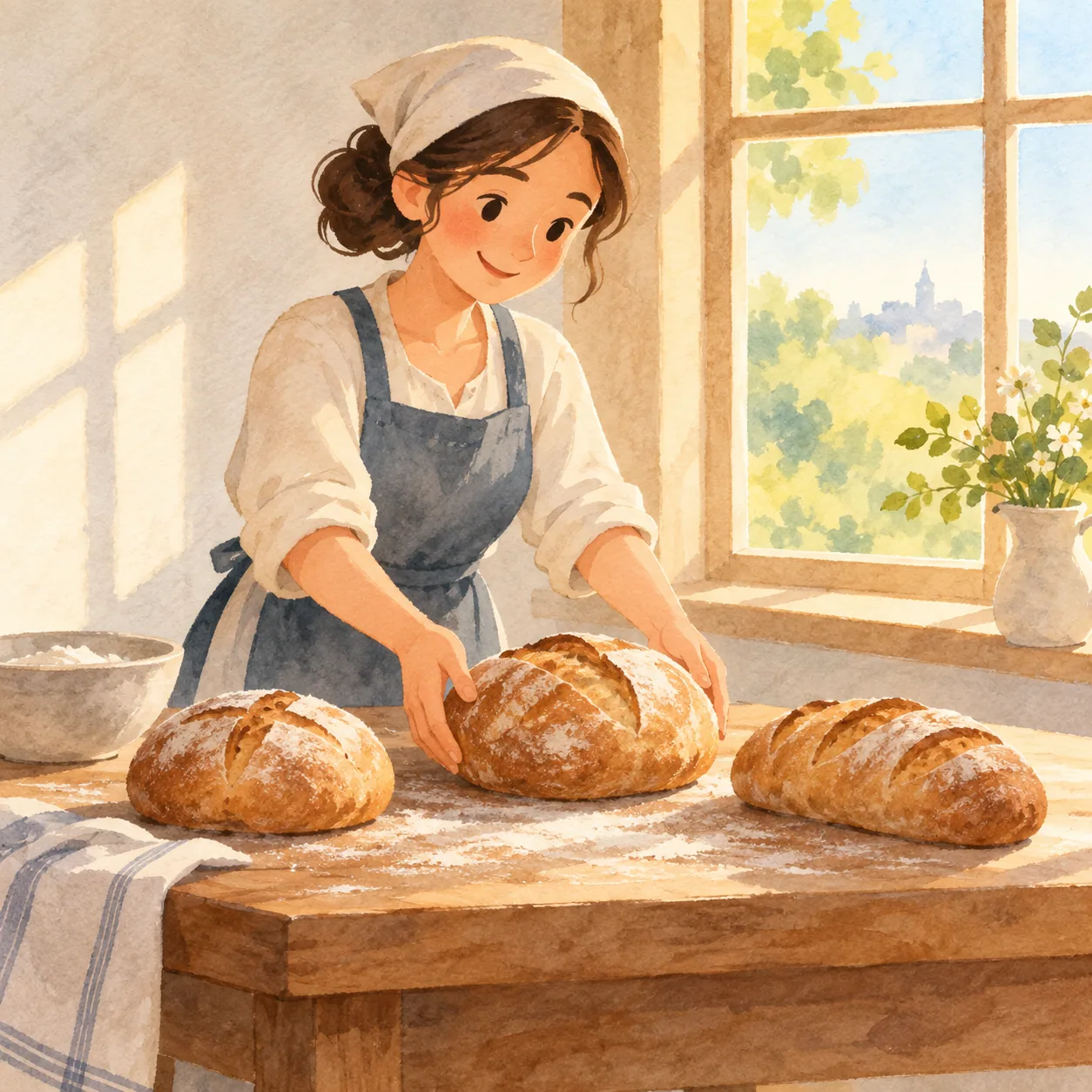 A baker arranging bread beside a bright morning window