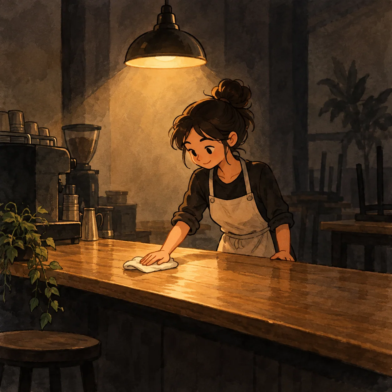 A cartoon barista wiping a counter beneath one warm pendant light