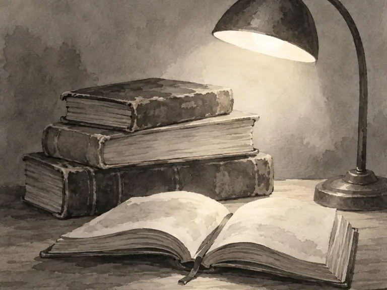 Books resting in a pool of warm light