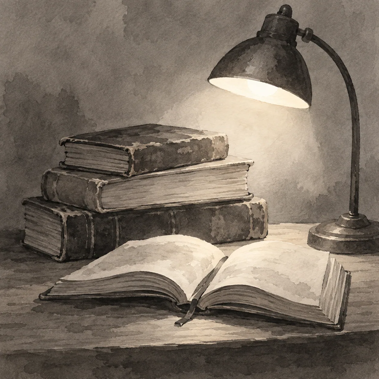 Books resting in a pool of warm light