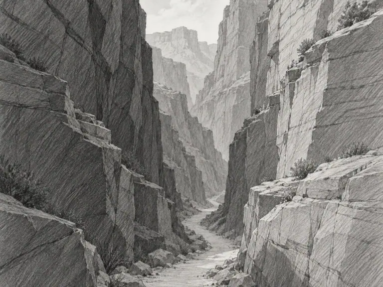 An anime-inspired canyon with a narrow trail disappearing between tall walls