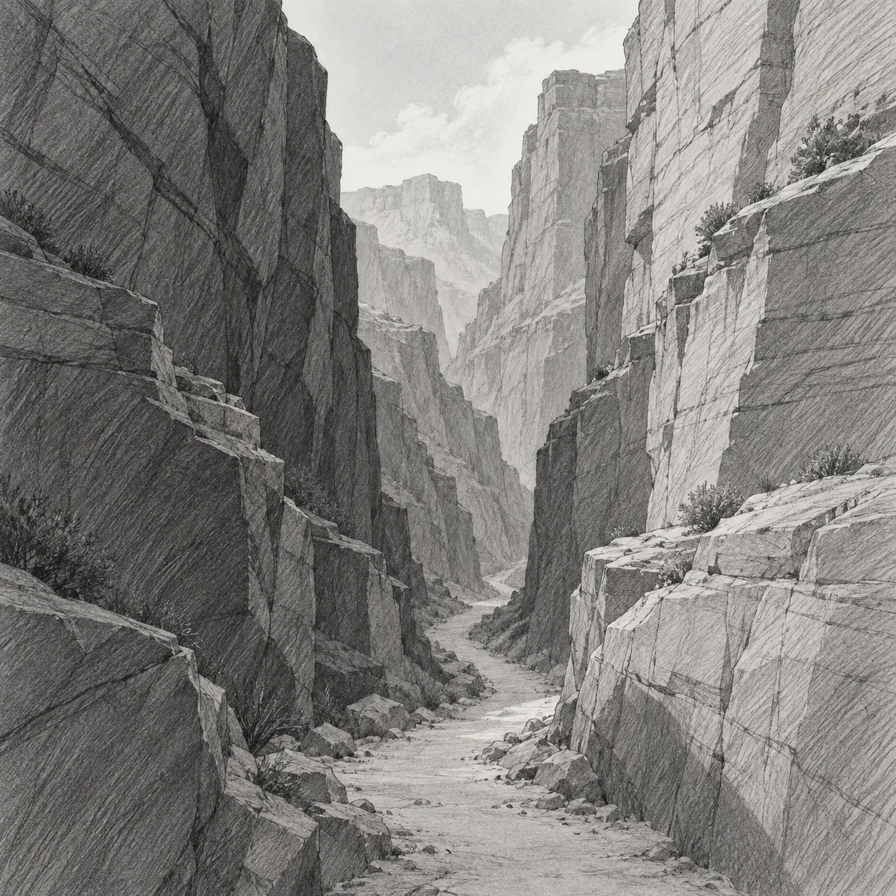 An anime-inspired canyon with a narrow trail disappearing between tall walls