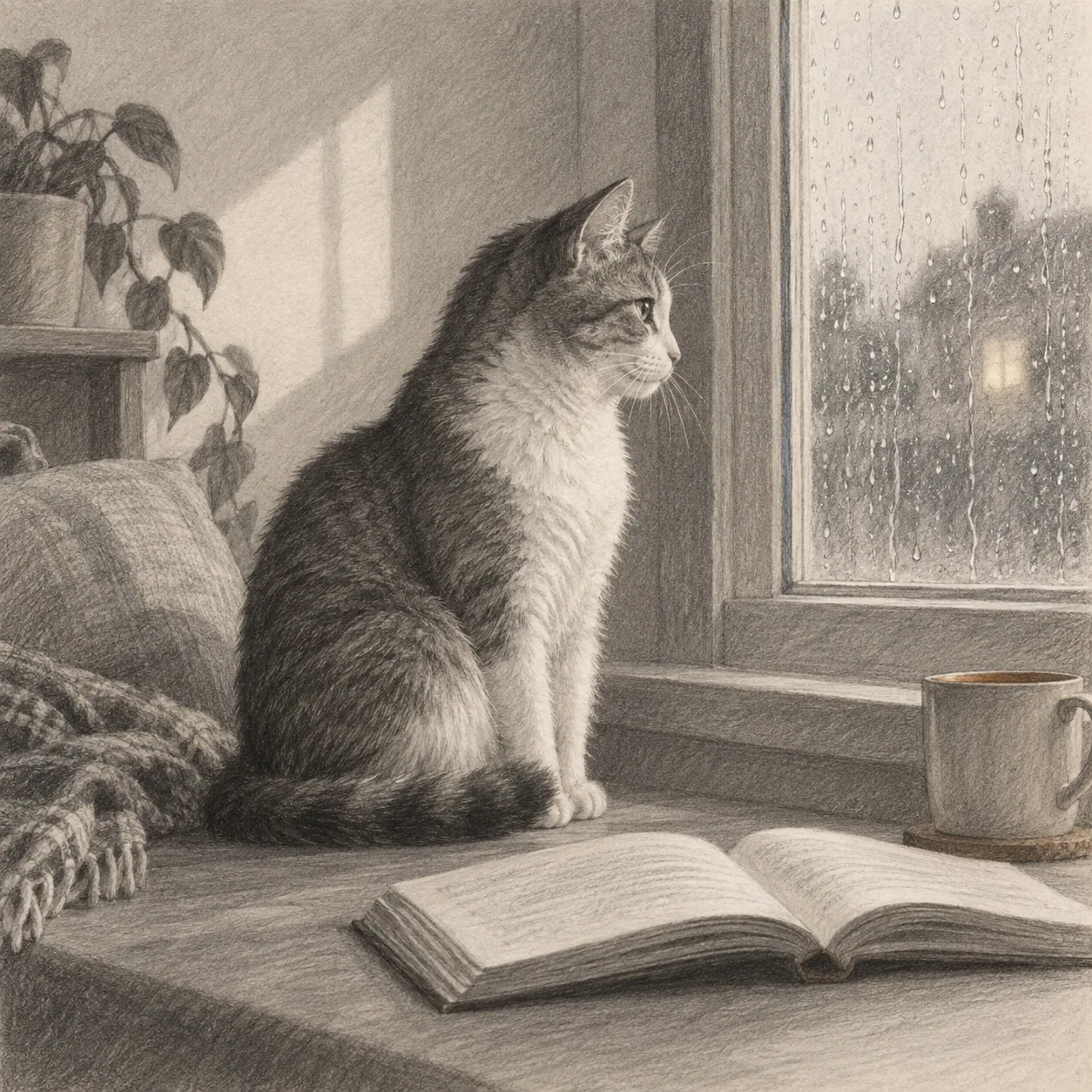 A cat looking through a rainy window
