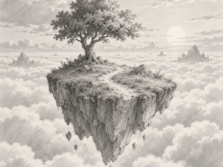 A small island floating above a sea of clouds