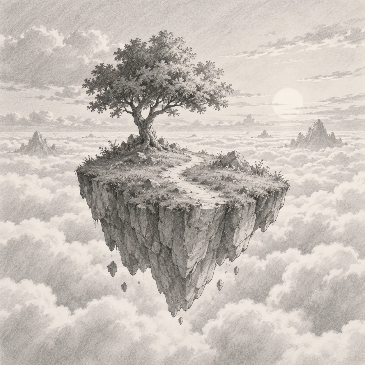 A small island floating above a sea of clouds