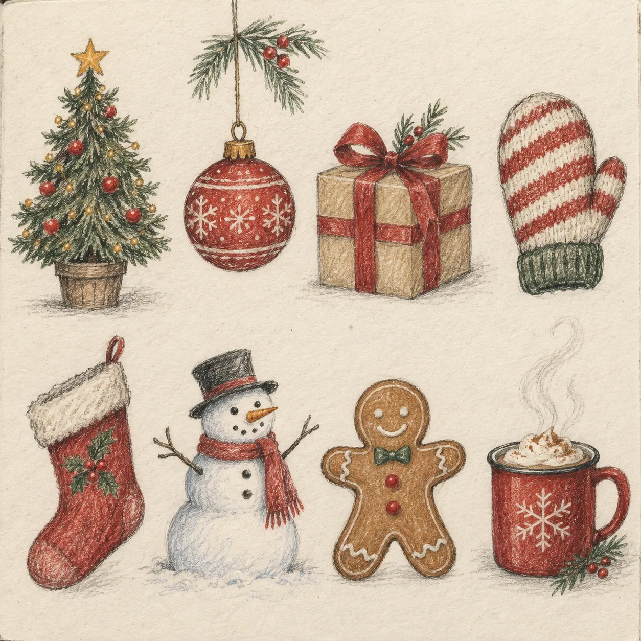 A hand-drawn Christmas collection with a tree, ornaments, gifts, mitten, snowman, gingerbread, and warm mug