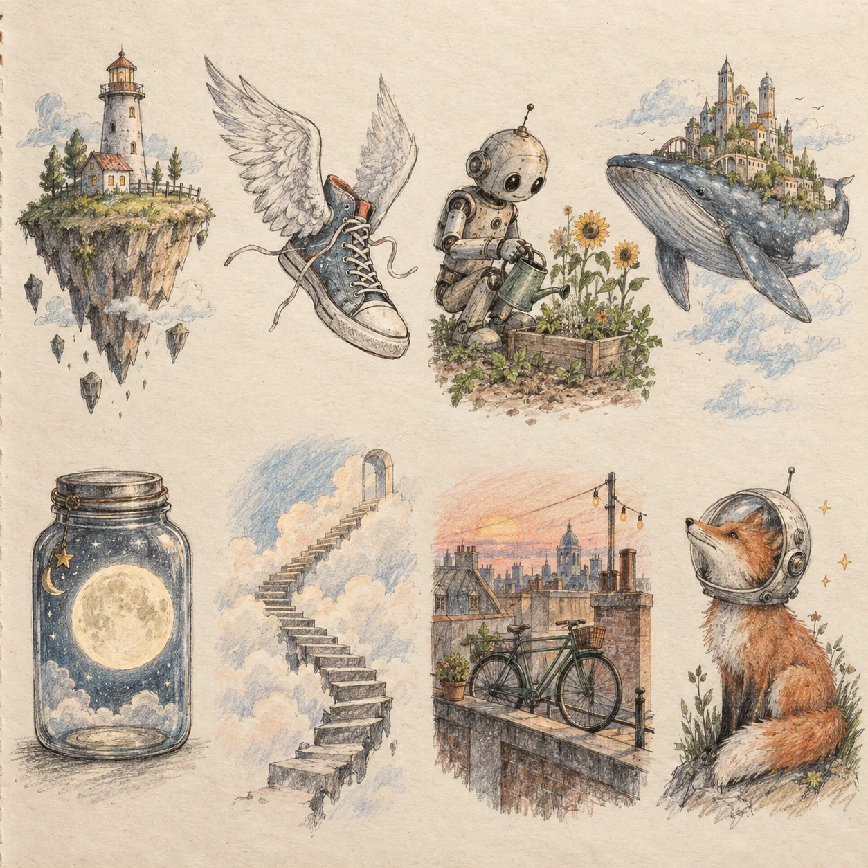 A hand-drawn collection of imaginative scenes including a floating island, winged sneaker, robot garden, and astronaut fox