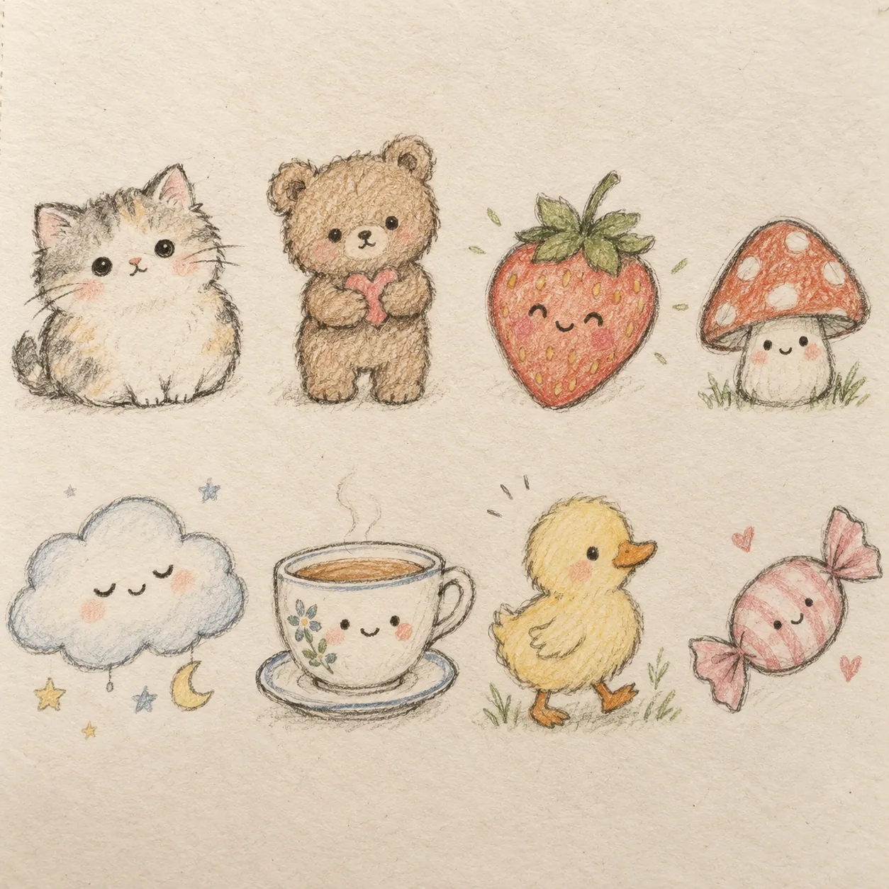 A hand-drawn collection of cute animals, snacks, plants, and tiny everyday objects