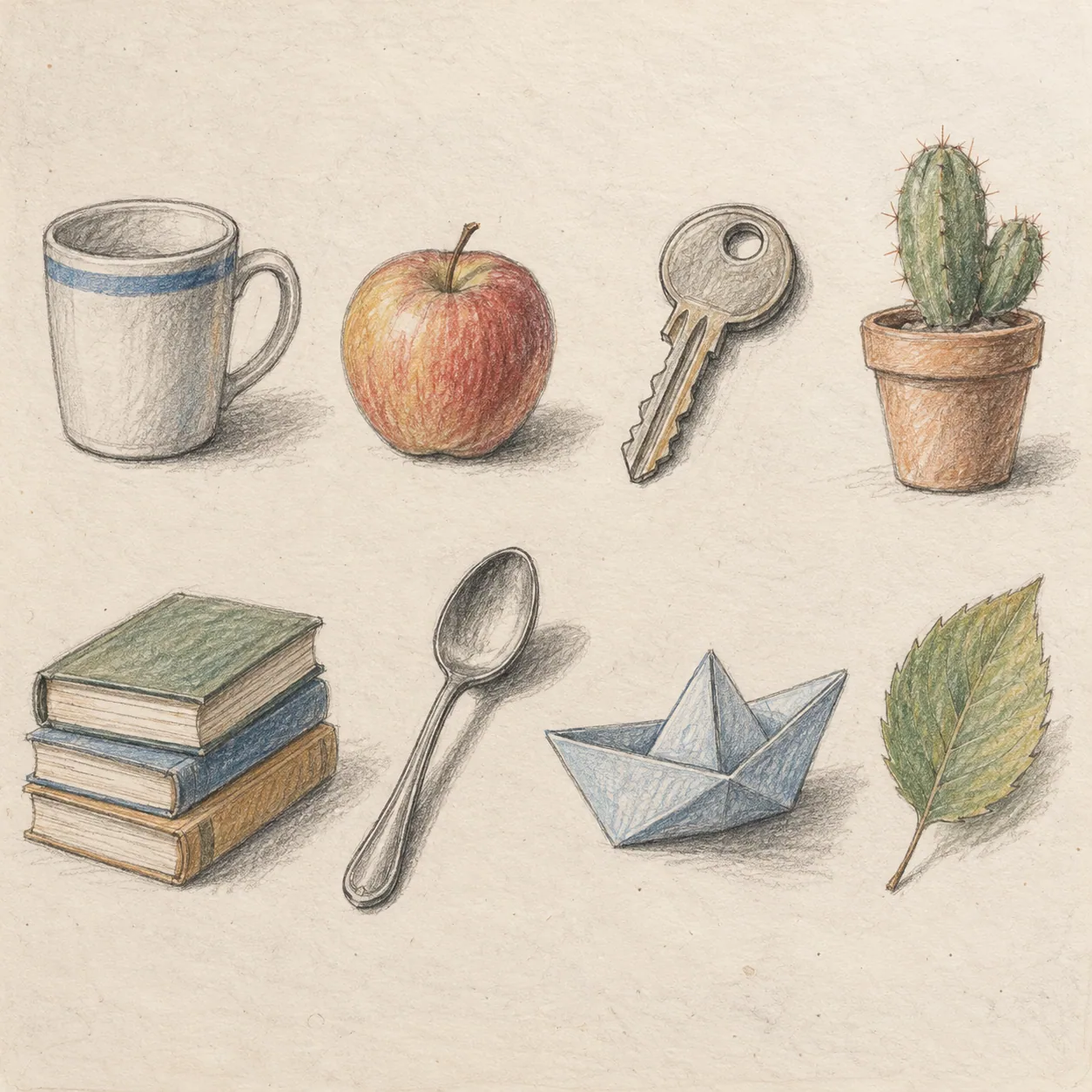 A hand-drawn collection of easy sketches including a mug, apple, key, cactus, books, and paper boat