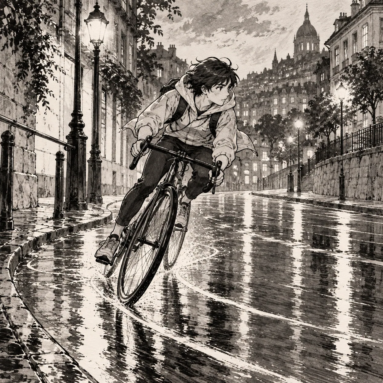 A cyclist turning through a rain-lit city street