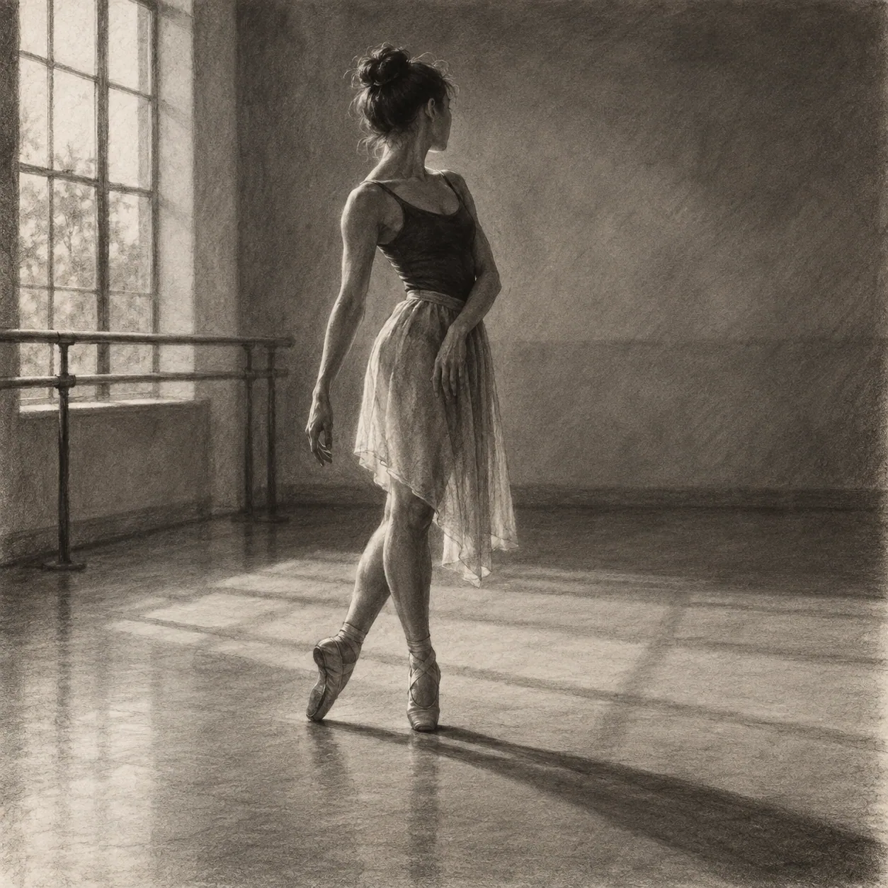 A dancer pausing in an empty rehearsal room