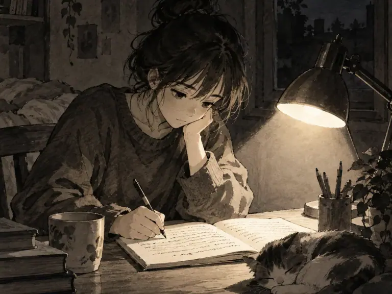 A desk lamp illuminating handwritten notes late at night