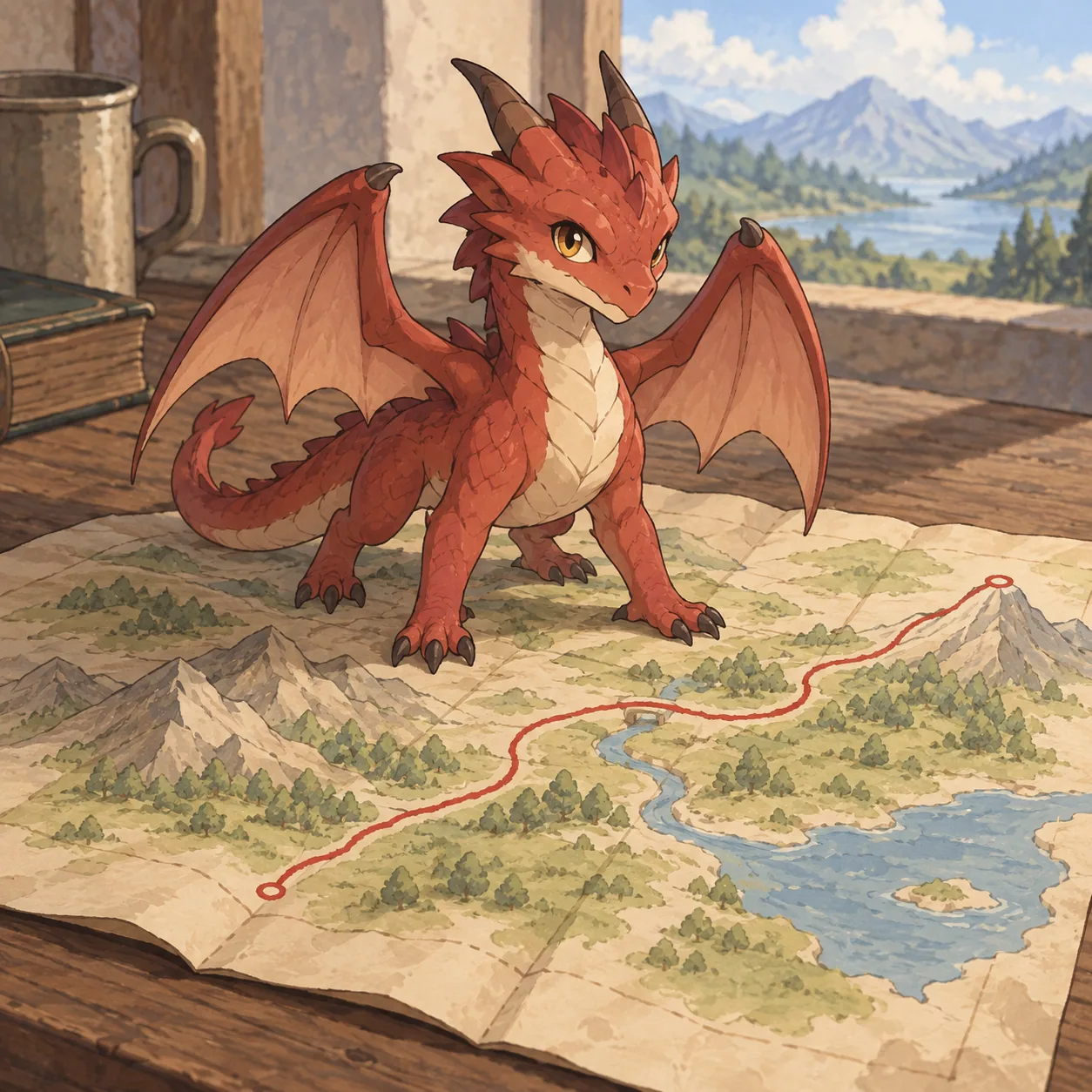 A small dragon standing on an open paper map