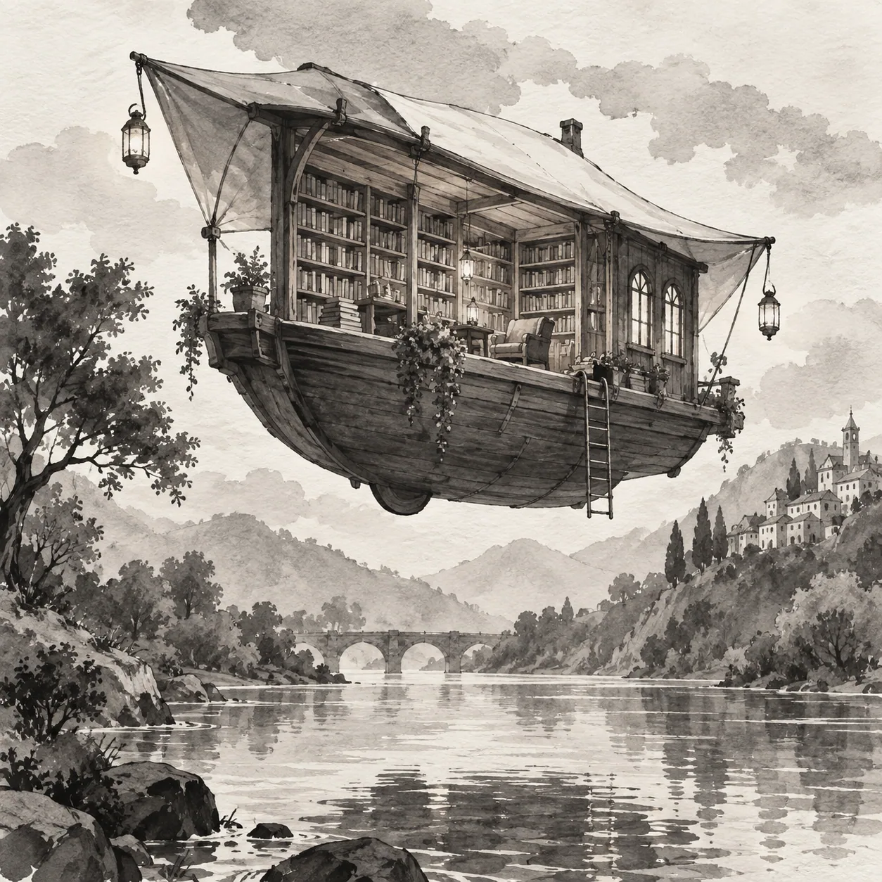 A floating library drifting above a slow river
