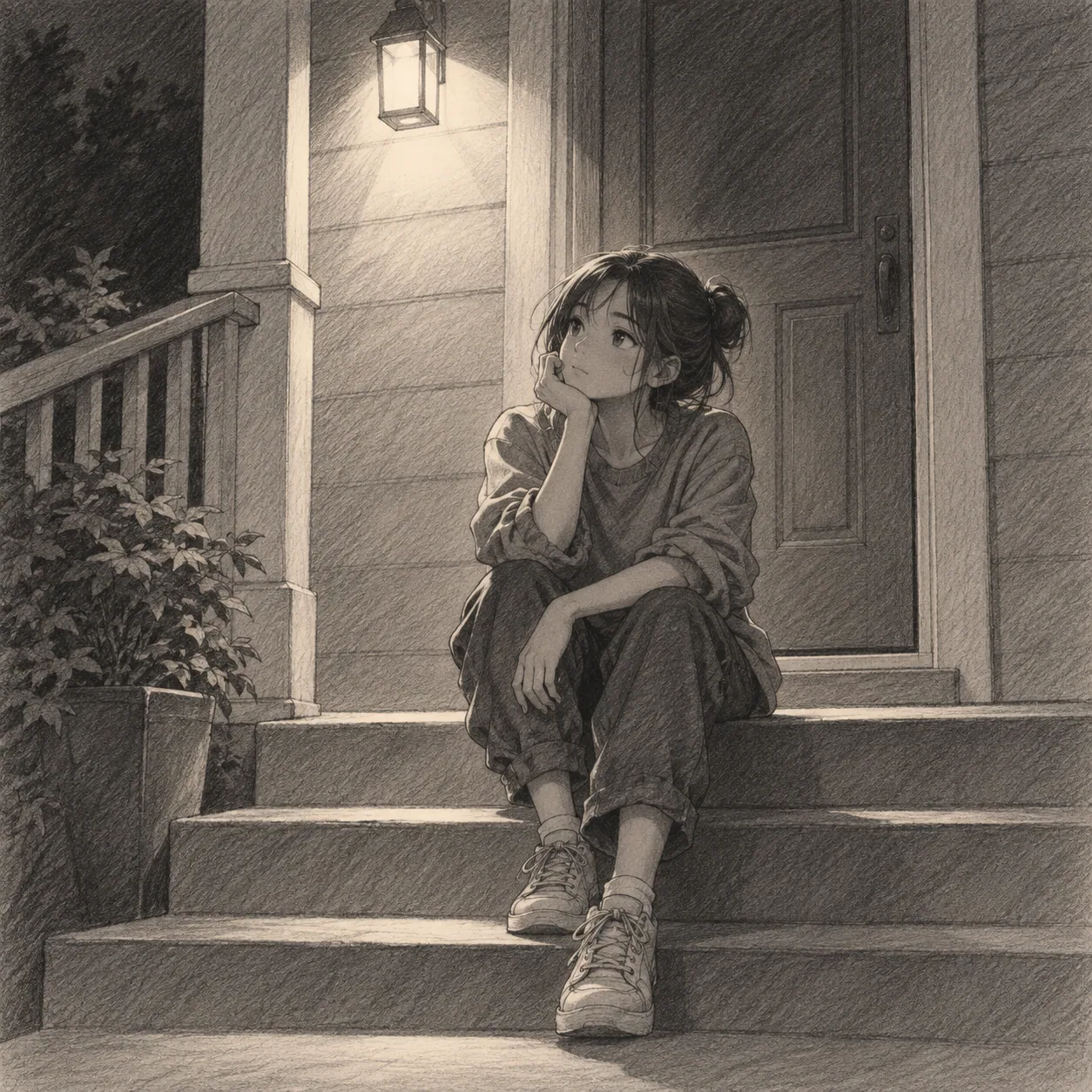 An anime-inspired friend sitting on a front stoop beneath a porch light