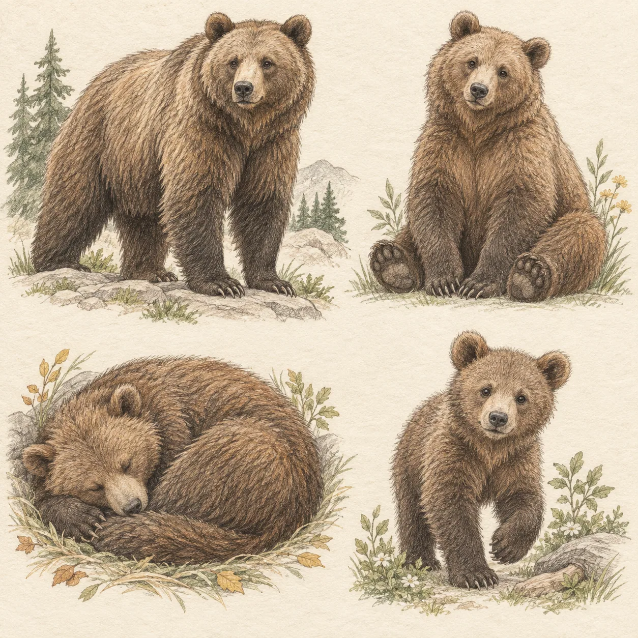 A hand-drawn gallery showing four different Bear drawing approaches
