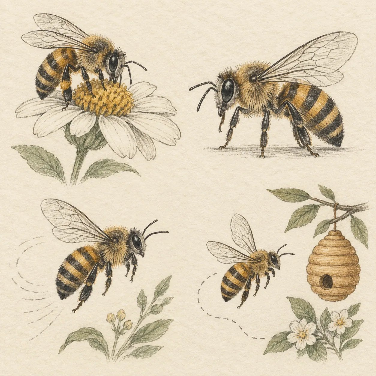A hand-drawn gallery showing four different Bee drawing approaches