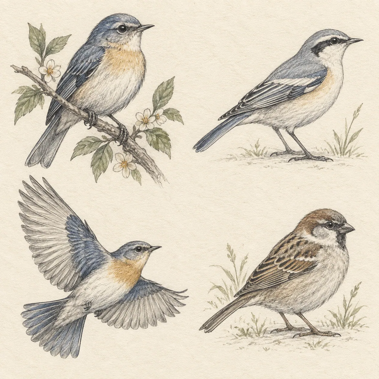 A hand-drawn gallery showing four different Bird drawing approaches