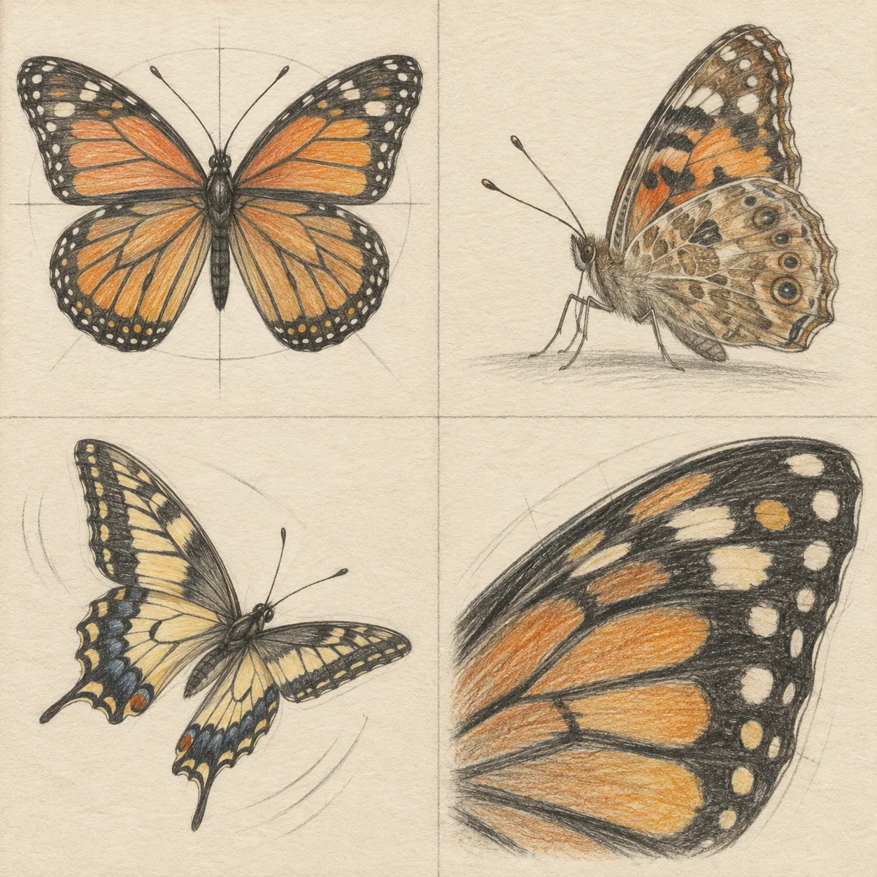A hand-drawn gallery showing four different Butterfly drawing approaches