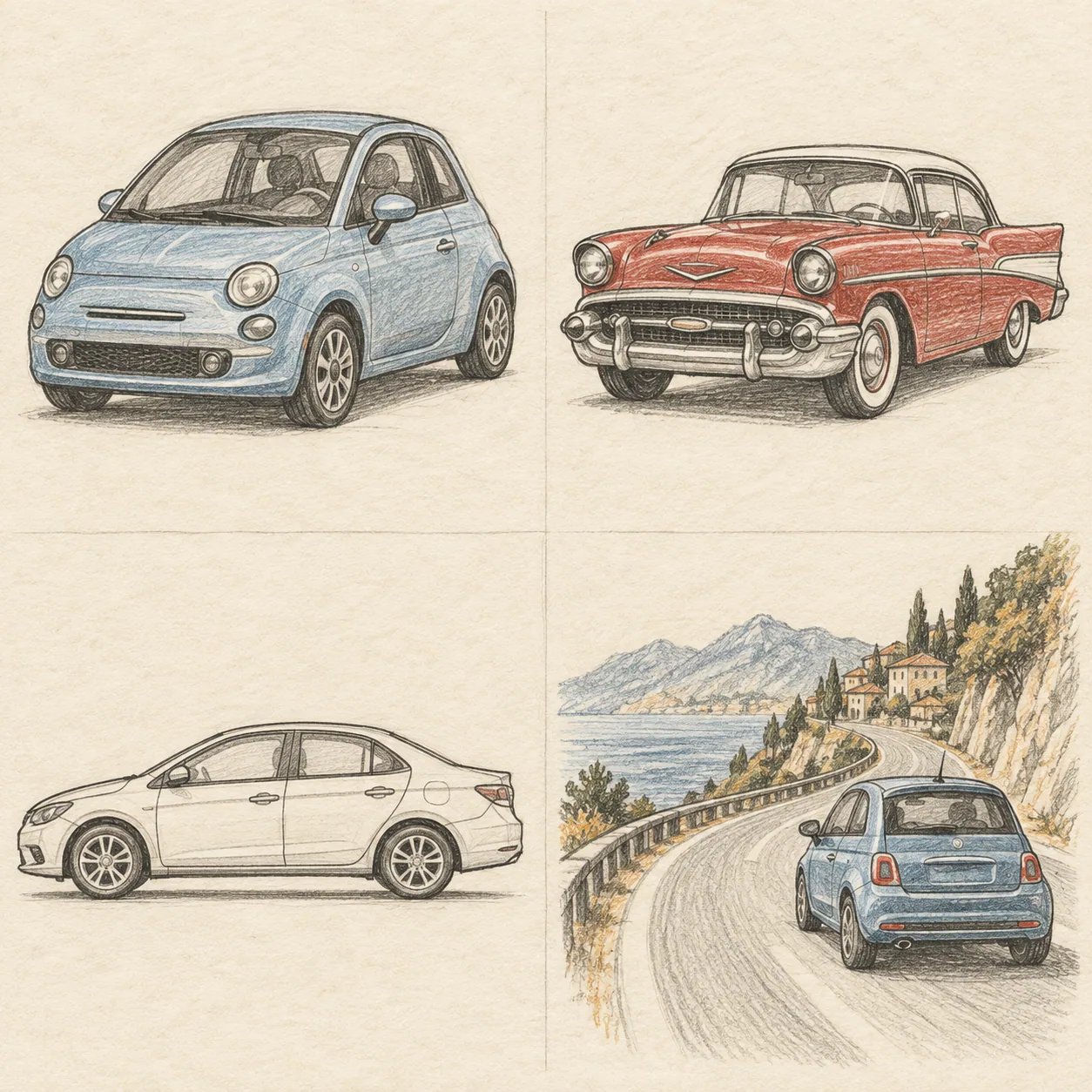 A hand-drawn gallery showing four different Car drawing approaches