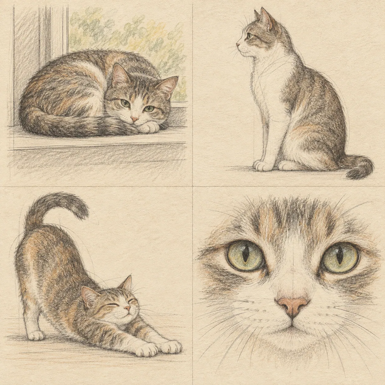 A hand-drawn gallery showing four different Cat drawing approaches