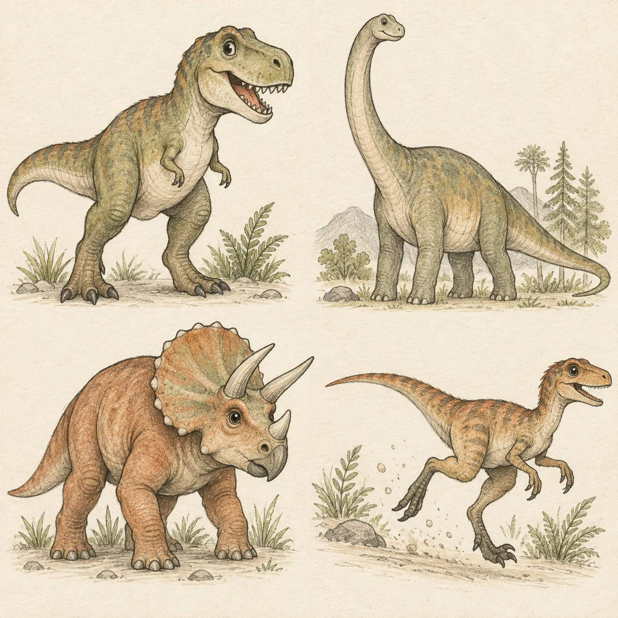 A hand-drawn gallery showing four different Dinosaur drawing approaches