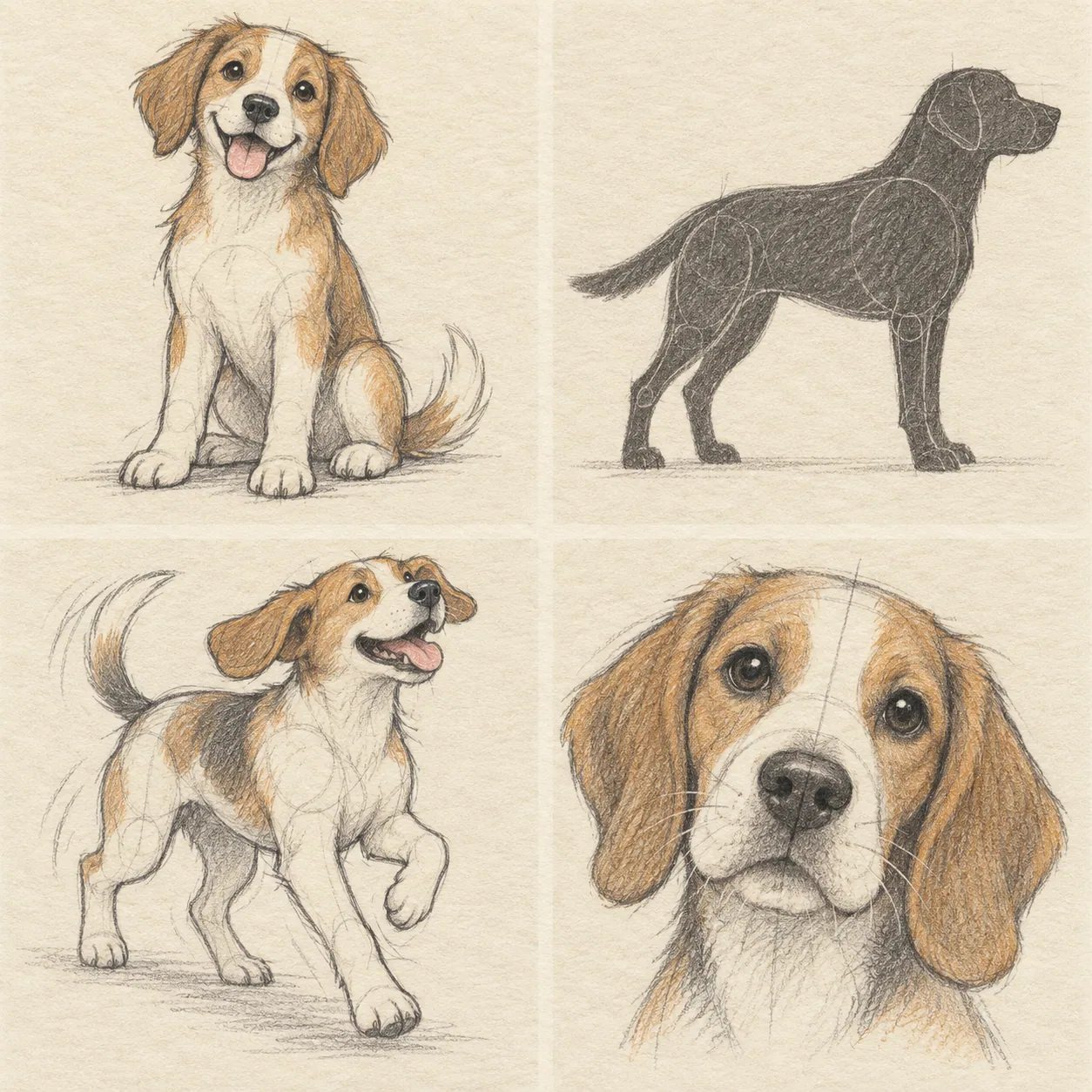 A hand-drawn gallery showing four different Dog drawing approaches