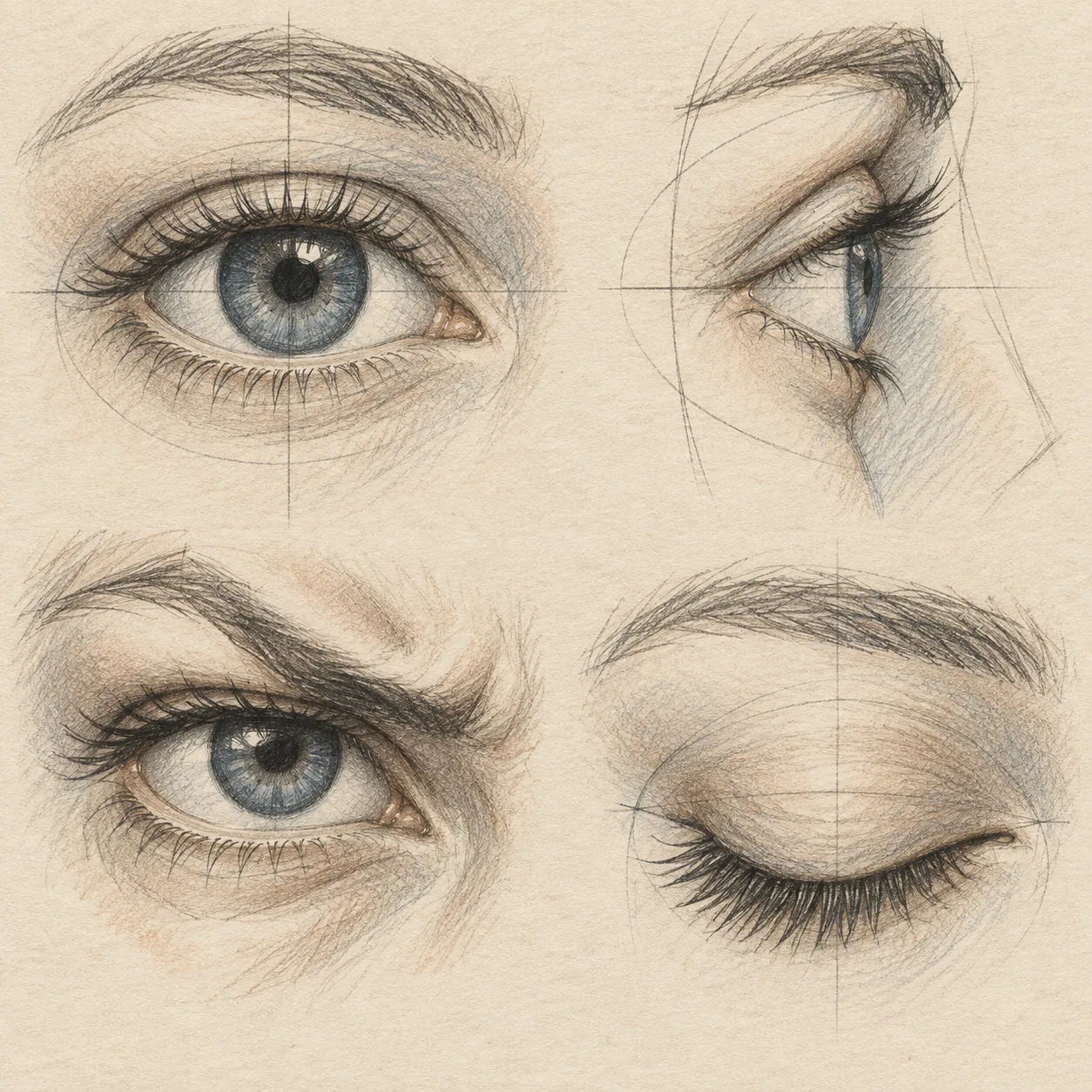 A hand-drawn gallery showing four different Eyes drawing approaches
