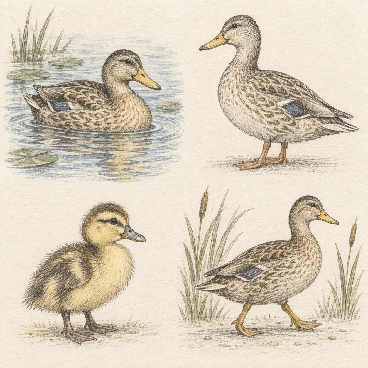 A hand-drawn gallery showing four different Duck drawing approaches