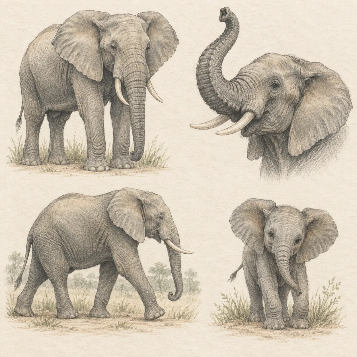 A hand-drawn gallery showing four different Elephant drawing approaches