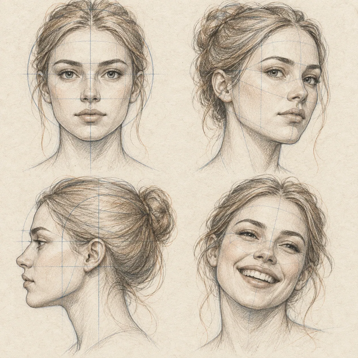 A hand-drawn gallery showing four different Face drawing approaches