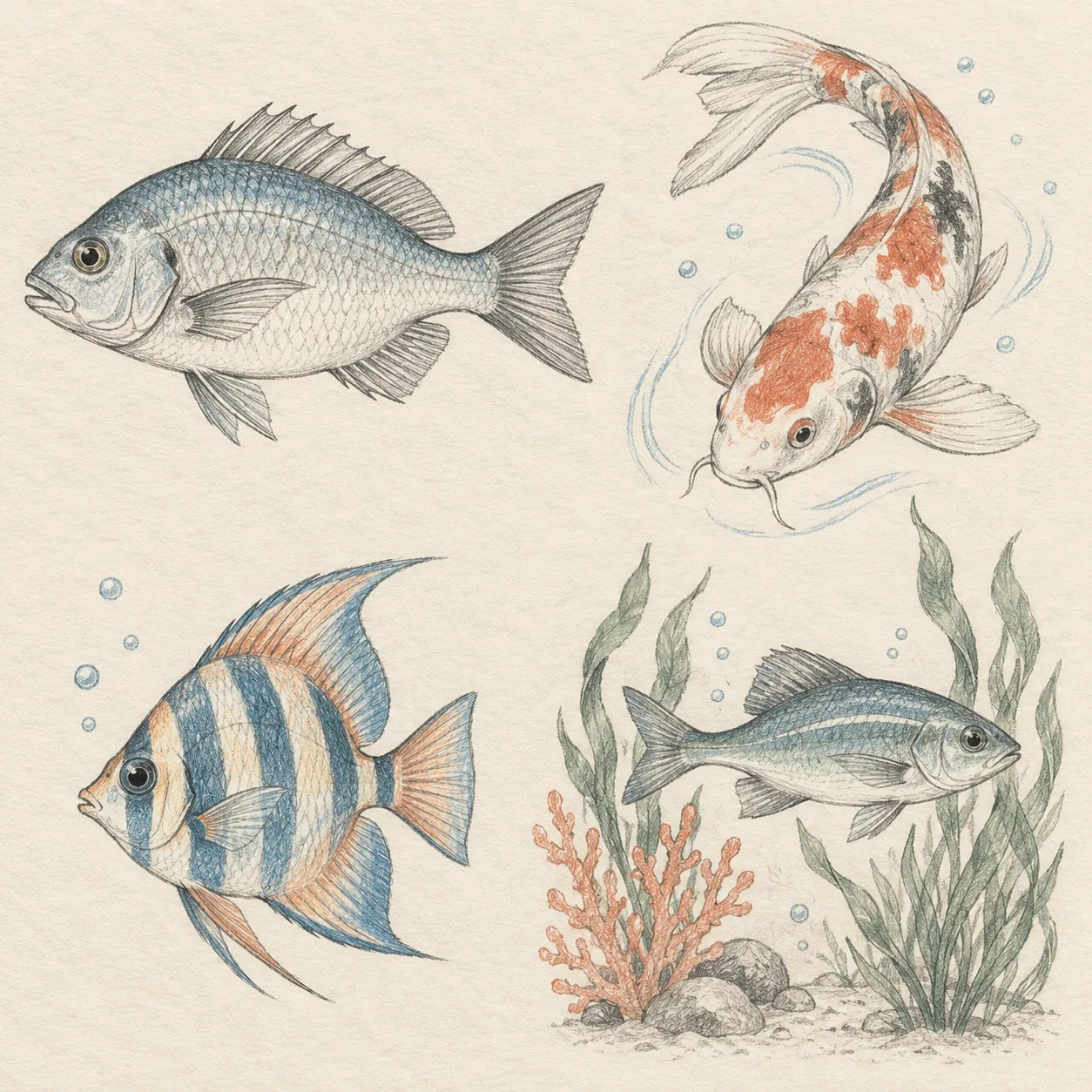 A hand-drawn gallery showing four different Fish drawing approaches