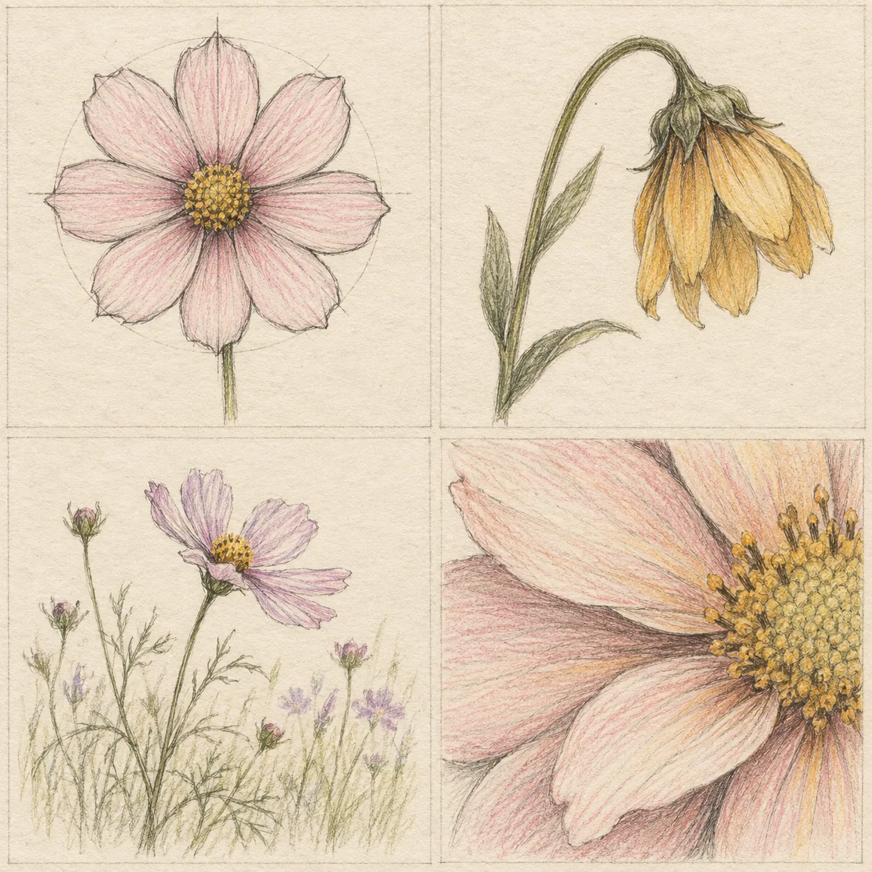 A hand-drawn gallery showing four different Flower drawing approaches