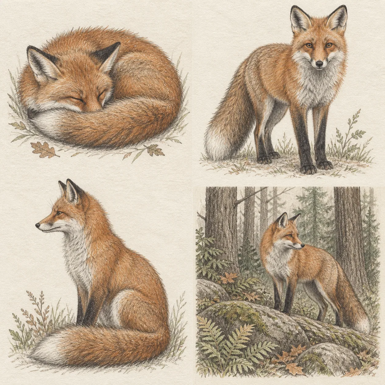 A hand-drawn gallery showing four different Fox drawing approaches