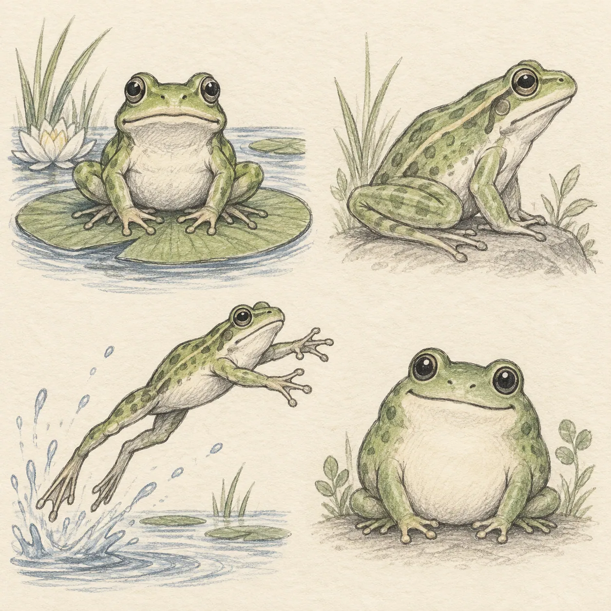 A hand-drawn gallery showing four different Frog drawing approaches