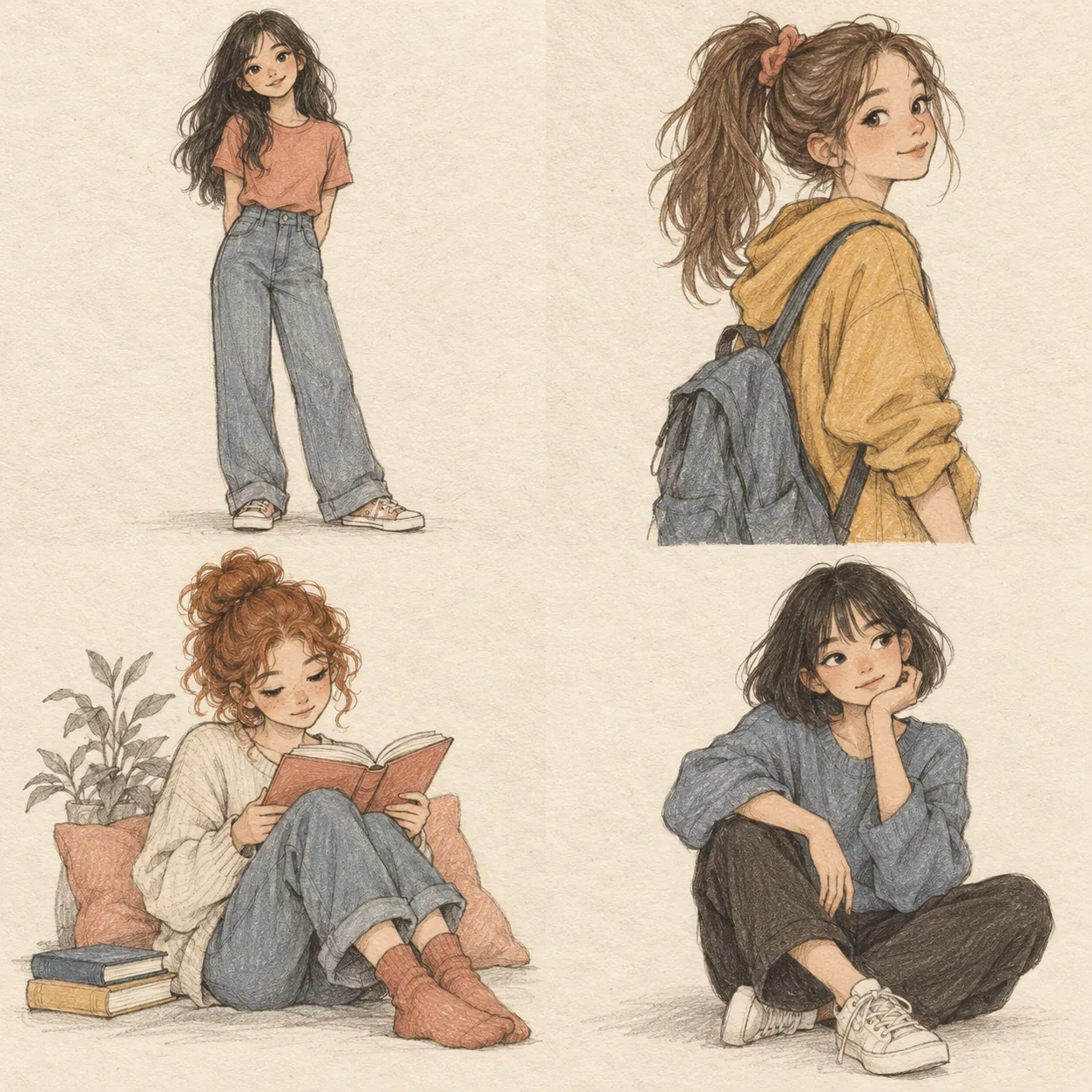 A hand-drawn gallery showing four different Girl drawing approaches