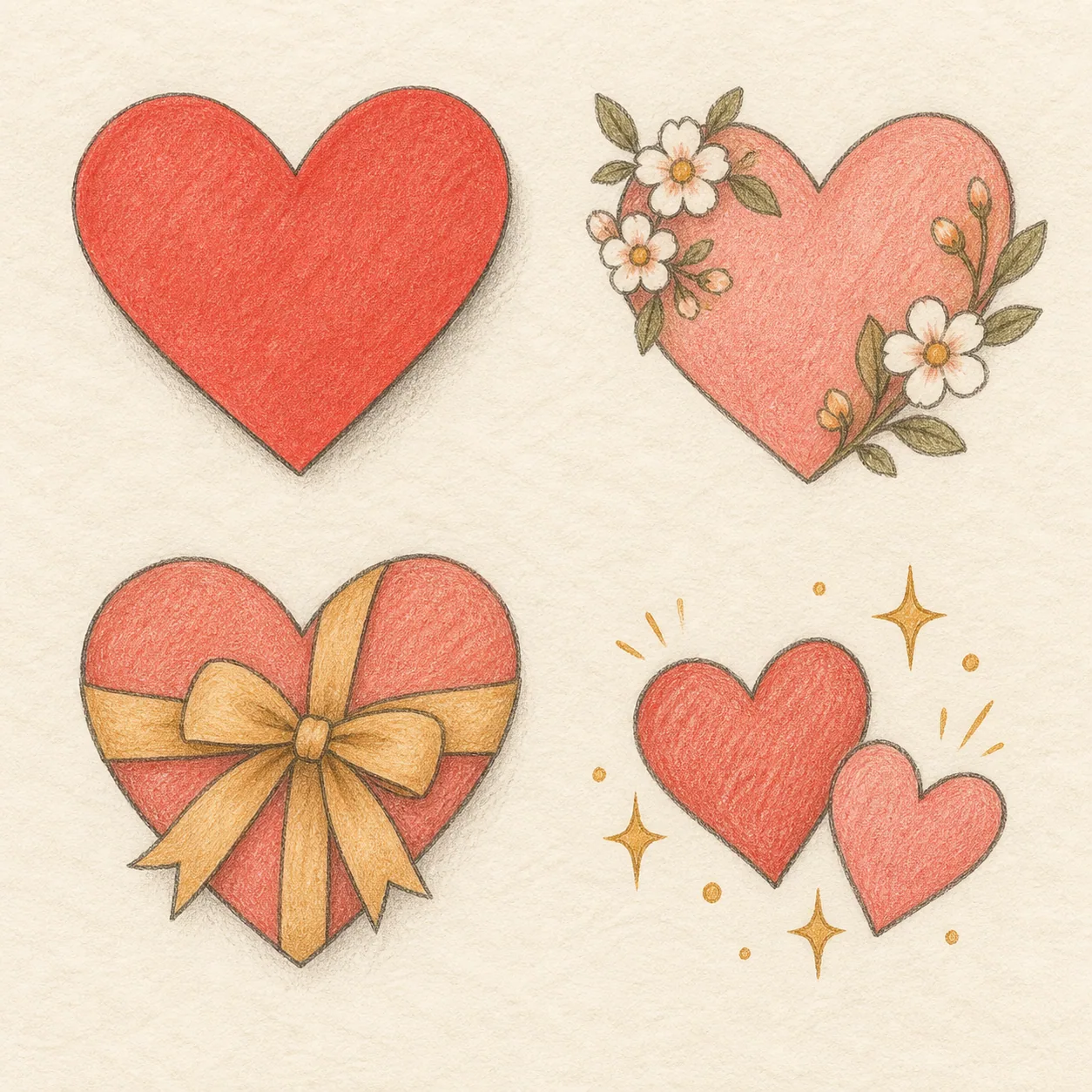 A hand-drawn gallery showing four different Heart drawing approaches