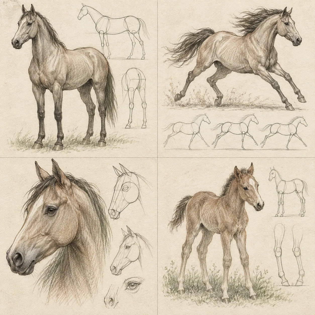 A hand-drawn gallery showing four different Horse drawing approaches
