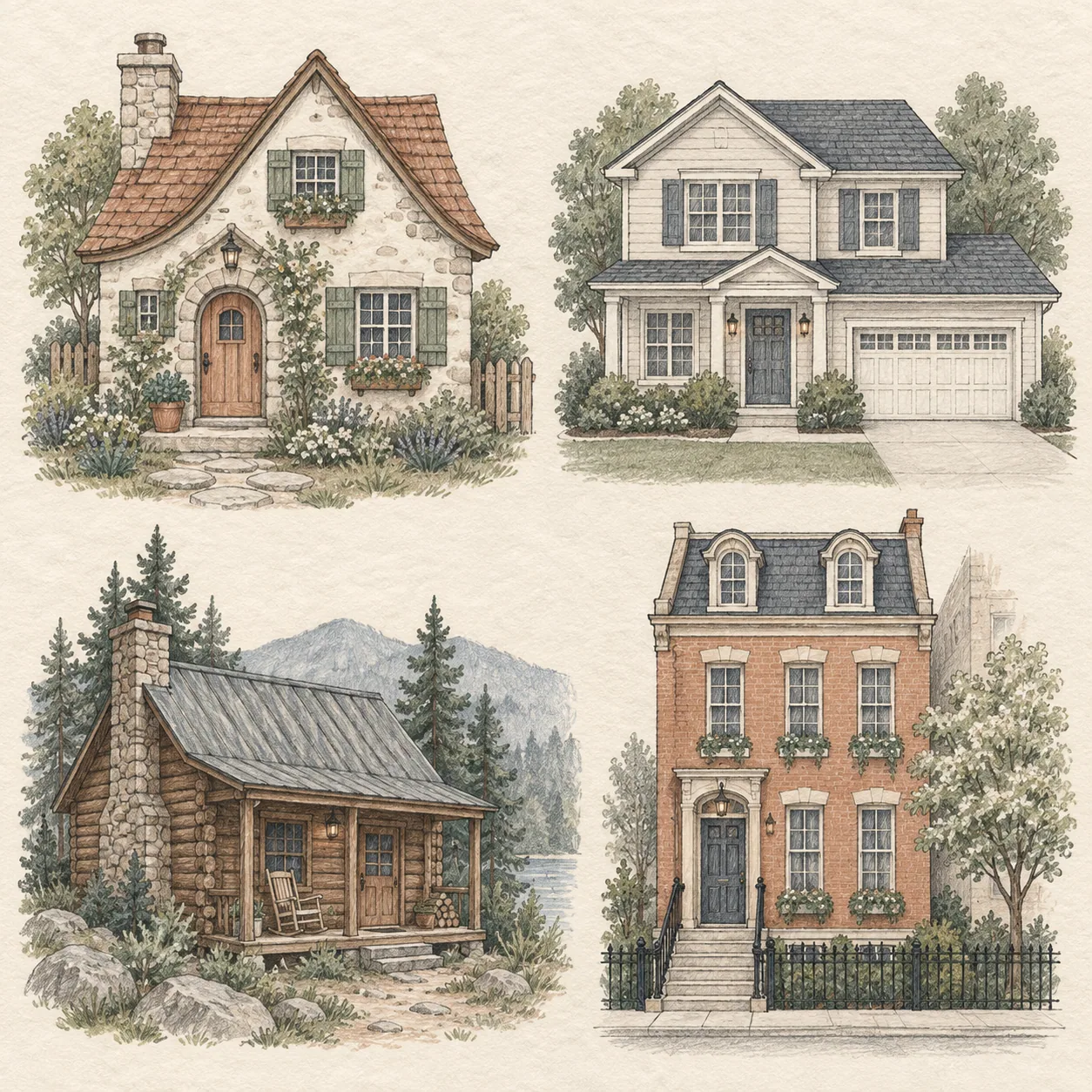 A hand-drawn gallery showing four different House drawing approaches