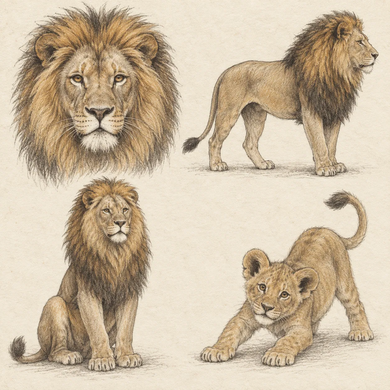 A hand-drawn gallery showing four different Lion drawing approaches