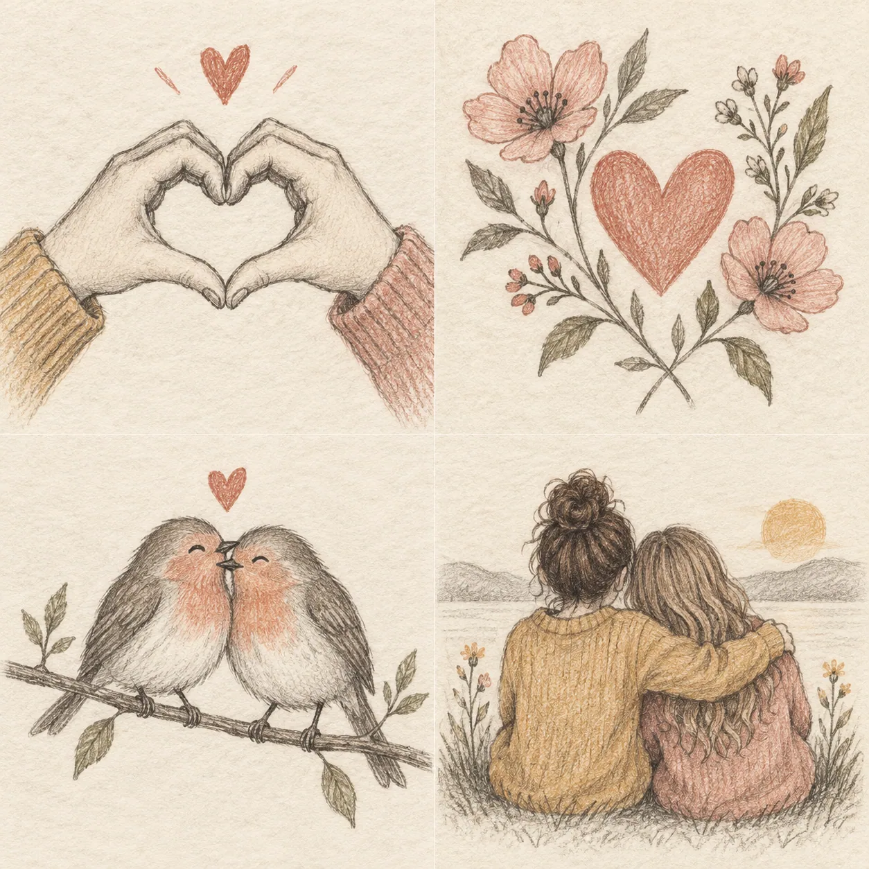 A hand-drawn gallery showing four different Love drawings drawing approaches