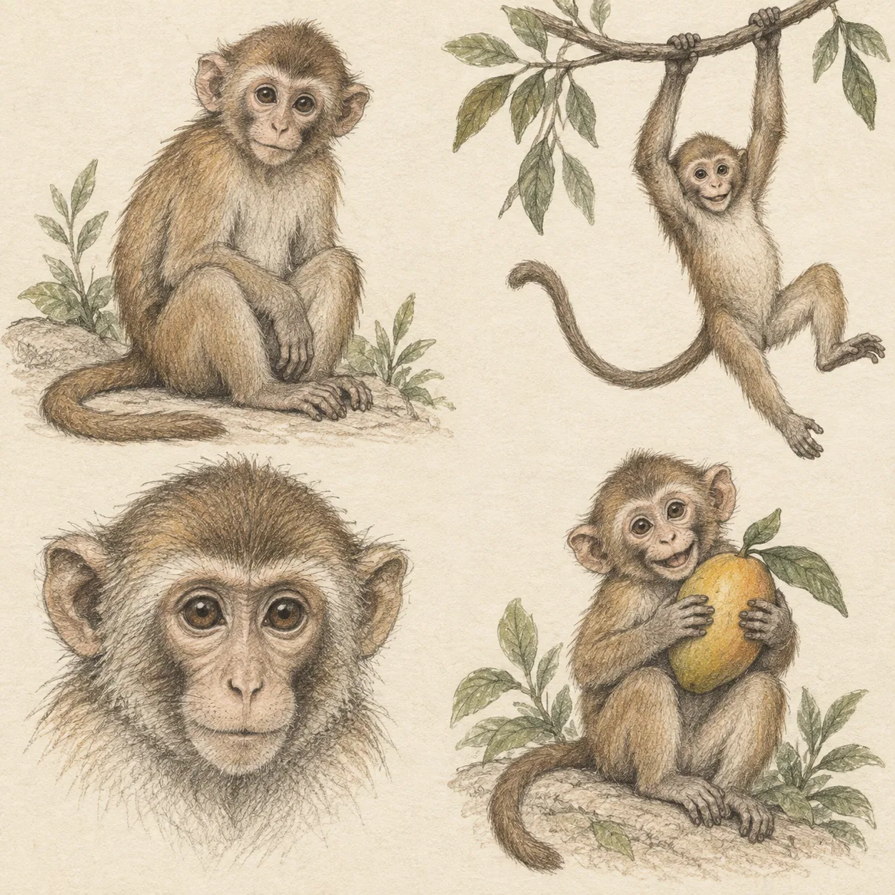 A hand-drawn gallery showing four different Monkey drawing approaches