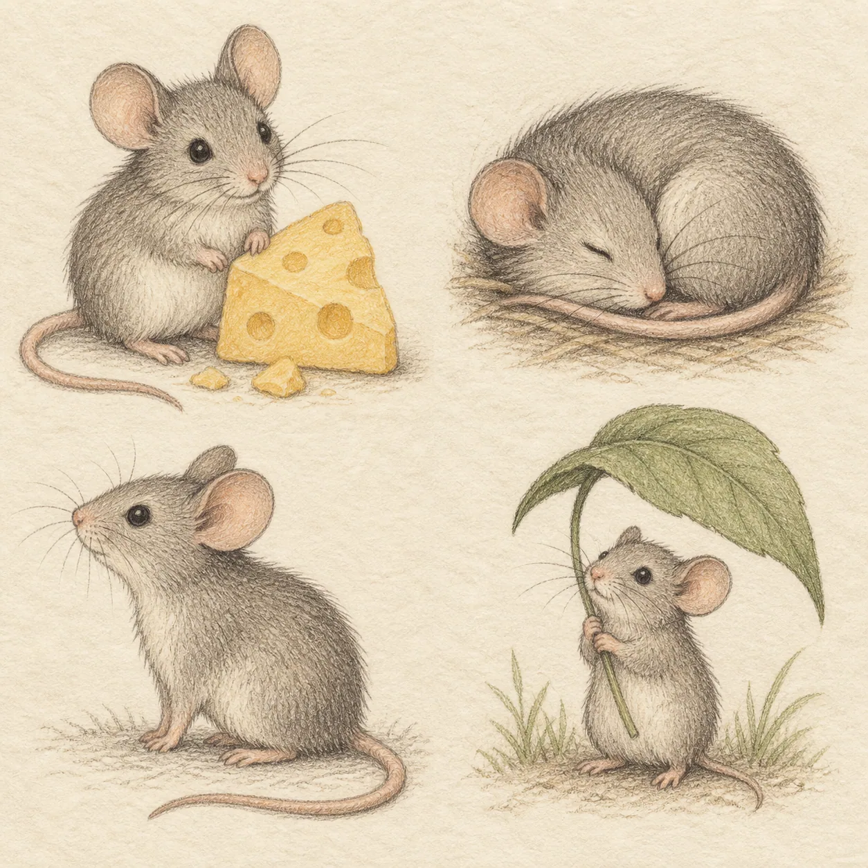 A hand-drawn gallery showing four different Mouse drawing approaches