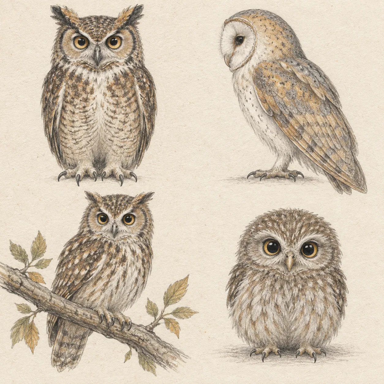 A hand-drawn gallery showing four different Owl drawing approaches