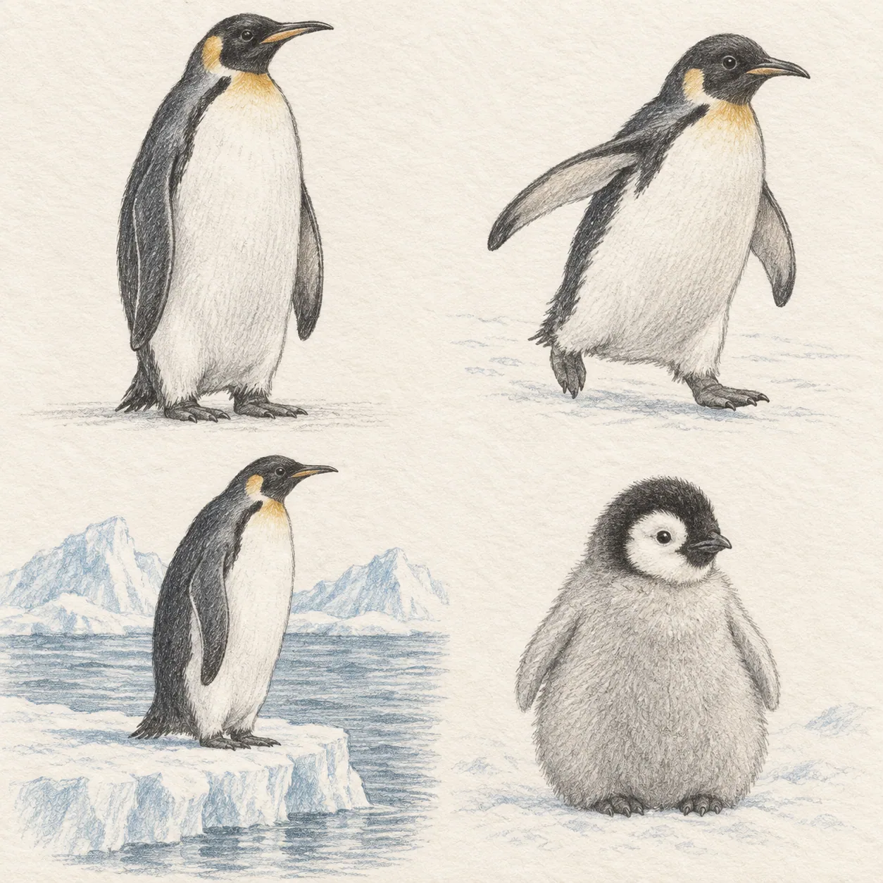 A hand-drawn gallery showing four different Penguin drawing approaches