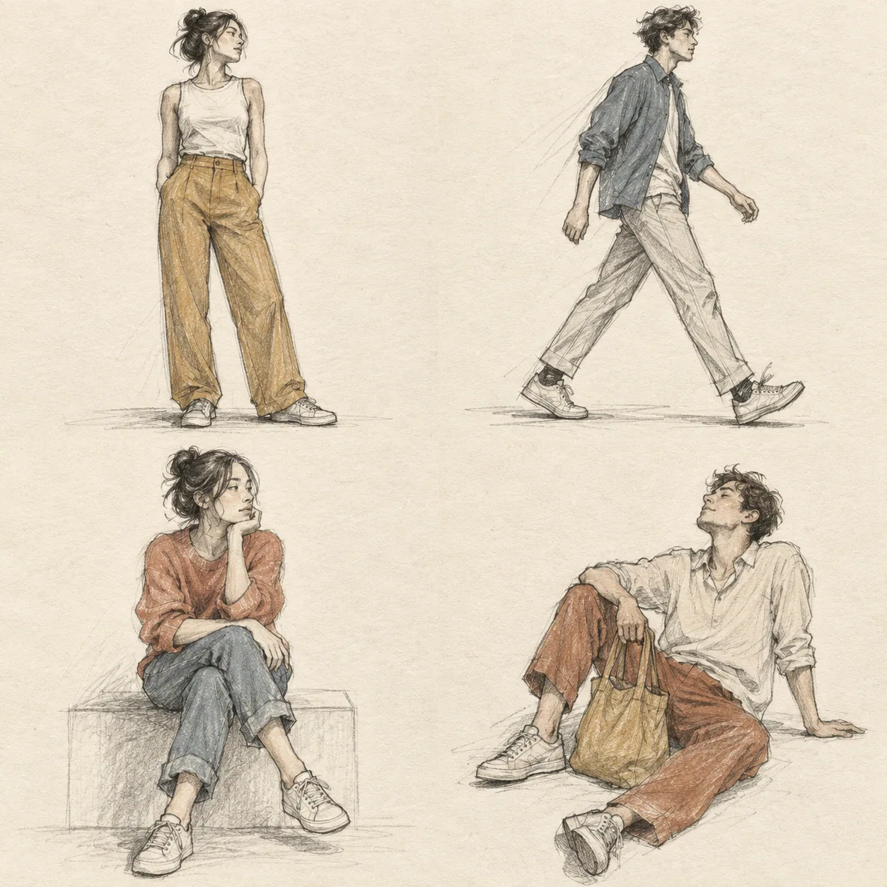 A hand-drawn gallery showing four different Person drawing approaches