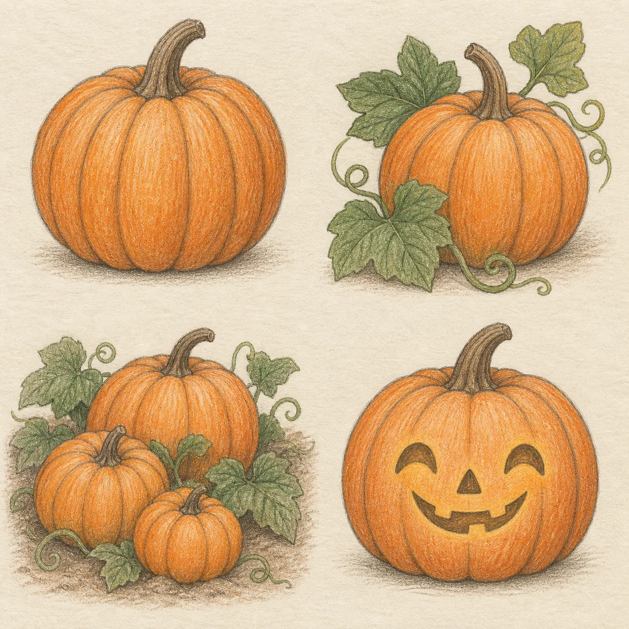 A hand-drawn gallery showing four different Pumpkin drawing approaches