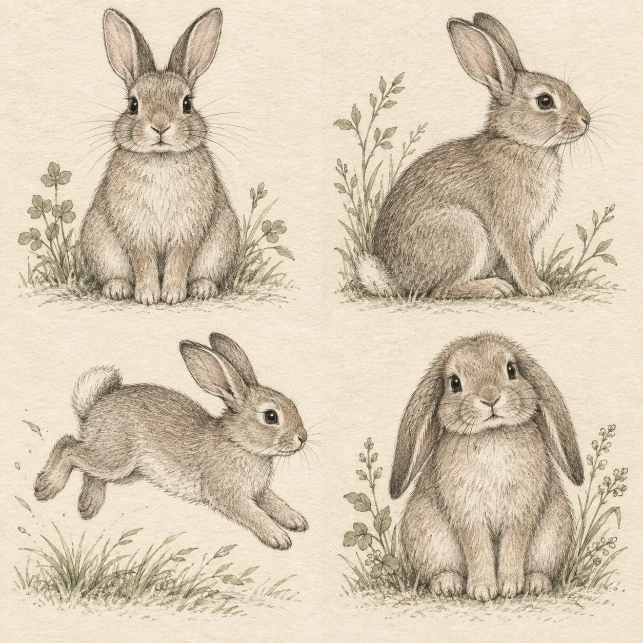 A hand-drawn gallery showing four different Rabbit drawing approaches